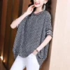 2023 Summer Oversize Women's Clothing Lace Patchwork Round Neck Printing Long Tops Women Fashion Casual Asymmetrical T-shirt - Image 4