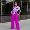 CM.YAYA Fashion Women's Set Button Up Patchwork Shirt and Straight Wide Leg Pants 2023 INS Chic Two 2 Piece Set Outfit Tracksuit - Image 3