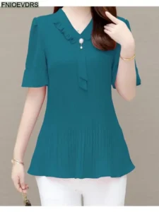 Women 2022 Summer Retro Vintage Elegant Office Lady Shirts Casual Loose Work Ribbon Pink Peplum Tops Blouses 761 - Image 6