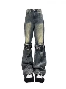Hip hop American street retro patchwork distressed jeans for men and women high street loose straight leg trendy casual pants - Image 2