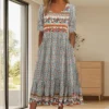 2023 Vintage Boho Stripe Print Women Sundress Summer Fashion V-Neck Short Sleeve Dress Elegant Ladies Midi Dress Femme Vestidos - Image 3