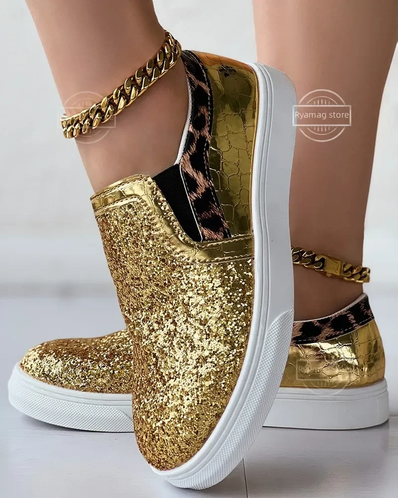 Sneakers Women's Leopard Print Contrast Sequin Slip-On Women's Flats Female Sport Shoes Sneakers Vulcanized Crystal Loafers