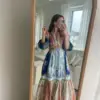Vintage Women's Patchwork Printed Hollow Out Maxi Dress Fashion V Neck Long Sleeved Loose Dresses New Spring Female Street Robes