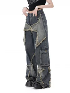 New women star stitching tassel pants American retro high street jeans loose wide leg pants trendy punk y2k pants - Image 4