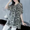 5XL Big Size Chiffon Blouse Spring Summer New Short Sleeve V-Neck Casual Women Clothing Vintage Loose Pullover Female Midi Shirt - Image 3