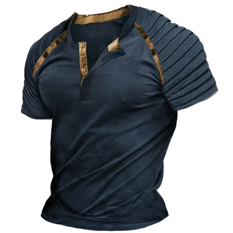 Vintage Button V-neck Navigation T Shirt Short Sleeve Gothic Henley Shirt For Men Oversized Tops Tee Shirt Men Punk Streetwear