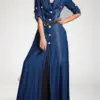 Women Denim Dress Spring Long Sleeve Single Breasted Slim Casual Elegant Vintage Lapel Collar Big Swing Shirt Maxi Dresses