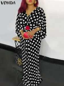 2023 VONDA Bohemian Ruffled Maxi Dress Women Long Sleeve Crochet Sundress Autumn V Neck Vintage Polka Dot Beach Party Dresses - Image 3