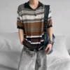 Streetwear Mens Vintage Polo Shirts Short Sleeve Loose Button Lapel Knitted Polos For Men Fashion Striped Knitting Pullover Tee - Image 3