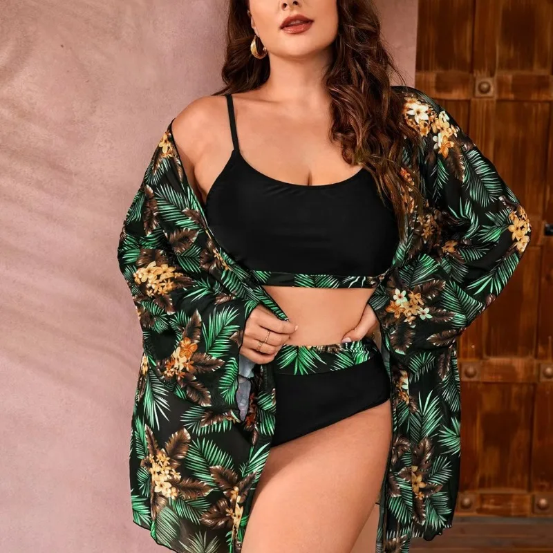 2024 Large Bikini Three Piece Cover Up Chiffon Sunscreen Clothes Fat Model Real Shot Swimwear 0XL-5XL Sexy Cross border