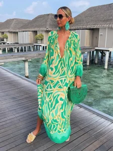 Women Boho Maxi Dress 2023 Summer Sexy Deep V-Neck Long Dresses Vintage Print Long Sleeve Loose Beach Cover Up Female Dress Robe - Image 2