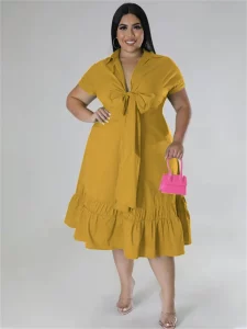 Wmstar Plus Size Dresses for Women Summer Bandage Bow Tie Solid V Neck Ruffles Hem Elegant New Maxi Dress Wholesale Dropshipping - Image 2