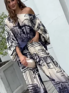 Elegant Satin Blue Print Pants 2 Piece Sets Women Fashion lantern Sleeves Shirt Wide Leg Pant Suits 2024 Loose Causal Streetwear - Image 5