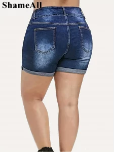 Plus Size Streetwear Push Up Slim Hip Cuffed Short Jeans 3xl 4xl Summer Korean Holes Women Ripped Casual Denim Shorts - Image 3