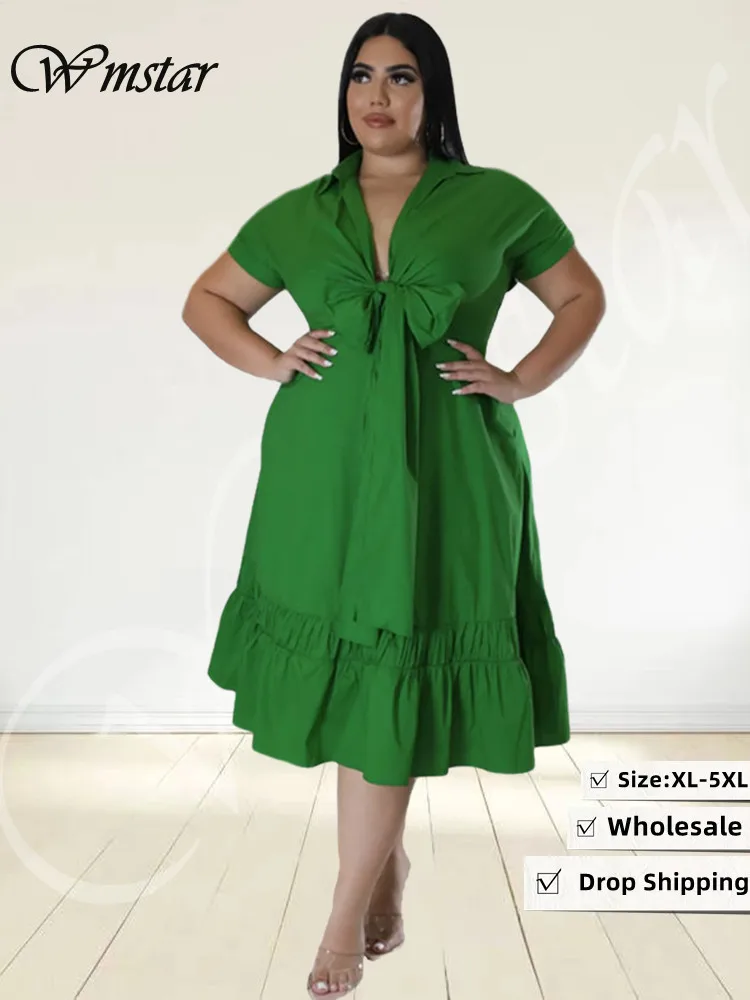 Wmstar Plus Size Dresses for Women Summer Bandage Bow Tie Solid V Neck Ruffles Hem Elegant New Maxi Dress Wholesale Dropshipping