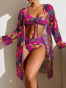 2024 Luxury Sexy High Waisted Bikini Three Pieces Floral Printed Swimsuit Women Bikini Set With Mesh Long-Sleeved Blouse Female - Image 6