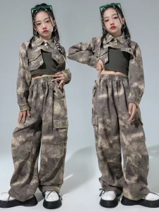 Hip Hop Girls Camouflage Cropped Jacket Cargo Pants Street Dance Clothes Set Kids Jazz Military Joggers Costume Child Streetwear - Image 6