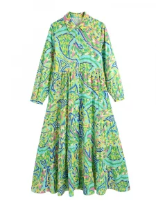 Foridol Paisley Print Shirt Dress Elegant Autumn Spring Green Dress Floral Print Boho Female Maxi Dress Long Sleeve Dress 2024 - Image 3