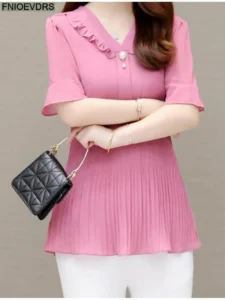 Women 2022 Summer Retro Vintage Elegant Office Lady Shirts Casual Loose Work Ribbon Pink Peplum Tops Blouses 761 - Image 3