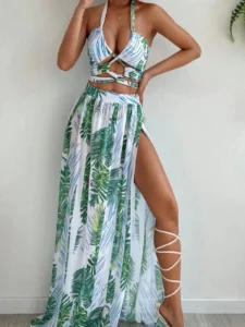 3 Pieces Print Cross Bikini 2024 Women Sexy Halter Swimsuit & Cover Up Beach Dress Swimwear Bathers Bathing Swimming Suit Summer - Image 5