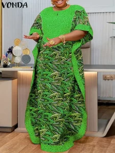 VONDA Plus Size 5XL Bohemian Women Printed Long Sundress Half Sleeve Casual Loose Maxi Dress Oversized Kaftan Holiday Vestidos - Image 3