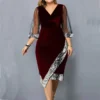 Plus Size Evening Party Dress for Women 2023 Elegant Sequin V Neck Mesh Sleeve Velvet Irregular Formal Occasion Dress Vestidos - Image 4