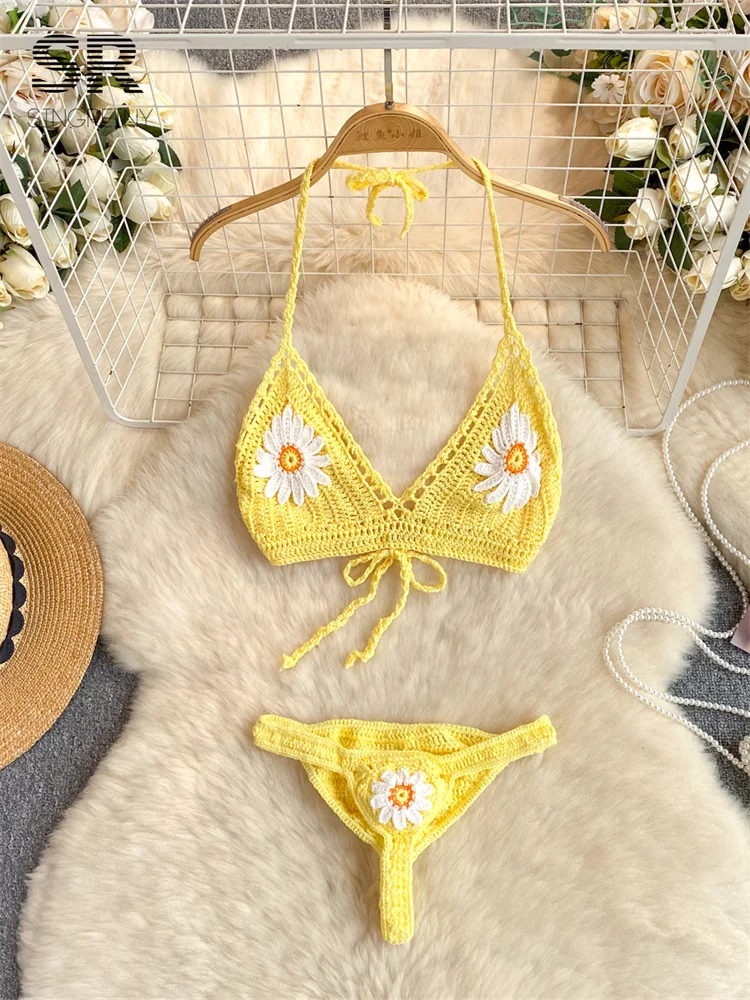 SINGREINY Flower Embroidery Summer Bikini Women Halter Backless Camisole Fashion 2024 Ladies Sexy Knit Beach Two Piece Set