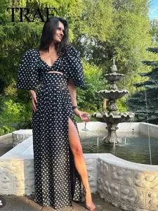 TRAF Women Fashion Skirt Suit 2024 Spring Elegant Short Sleeve Square Neck Polka Dots Printed Cropped Top High Waist Slit Skirt - Image 5
