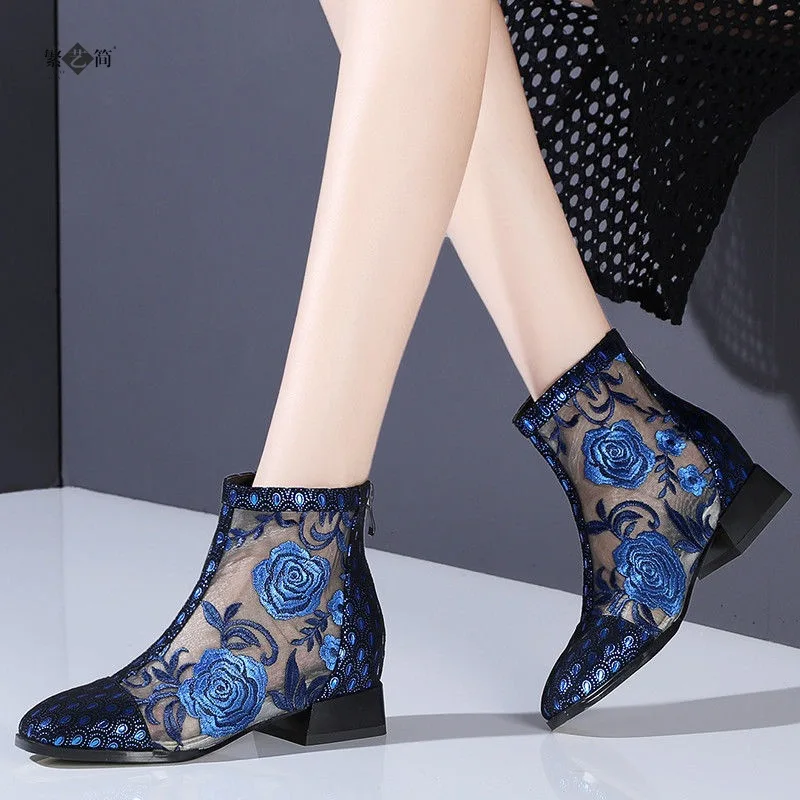 Summer Women High Heel Shoes Fashion Mesh Breathable Pumps Rhinestone Elegant Footwear Pointed Thick Heels Female Dress Shoes