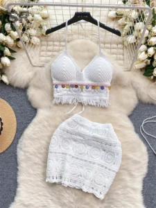SINGREINY Knit Bikini Two Piece Set Women Summer Backless Tassel Sequins Camisole Mini Skirt Retro Fashion Vacation Beach Suit - Image 2