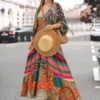 Charming Long Dress V-Neck Comfortable Retro Ethnic Print Large Hem Beach Long Dress Anti-fade Maxi Dress Female Clothes - Image 4