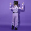 LOlanta Dance Costume for Kids Girl Top Pants Sequins Outfit Hip Hop Jazz Clothing Team Performance Set Purple 4-16 Years - Image 4