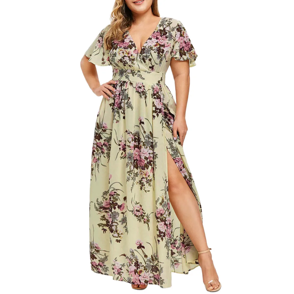 Floral Printed Short Sleeve Boho Maxi Dress Vintage Summer Plus Size Dresses For Women 5XL Elegant V Neck Sundress Vestidos