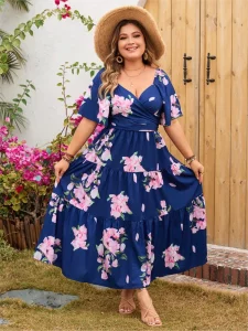 Plus Size Summer Flower Floral Print Long Dress Women V-Neck Backless Fashion Ruffle Pleated Ladies Dresses Loose Woman Dress - Image 4