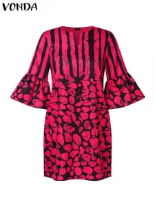 VONDA Bohemian Summer Mini Dress Women Floral Printed Short Sundress 2024 Fashion 3/4 Flare Sleeve V-Neck Casual Loose Robe - Image 4