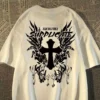 American High Street Dark Cross Wings Loose Half Sleeves Fashion Street Oversize T-Shirt Harajuku Style Hip Hop Y2k Top - Image 2