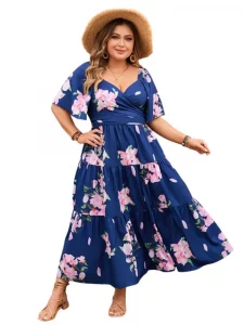 Plus Size Summer Flower Floral Print Long Dress Women V-Neck Backless Fashion Ruffle Pleated Ladies Dresses Loose Woman Dress - Image 5