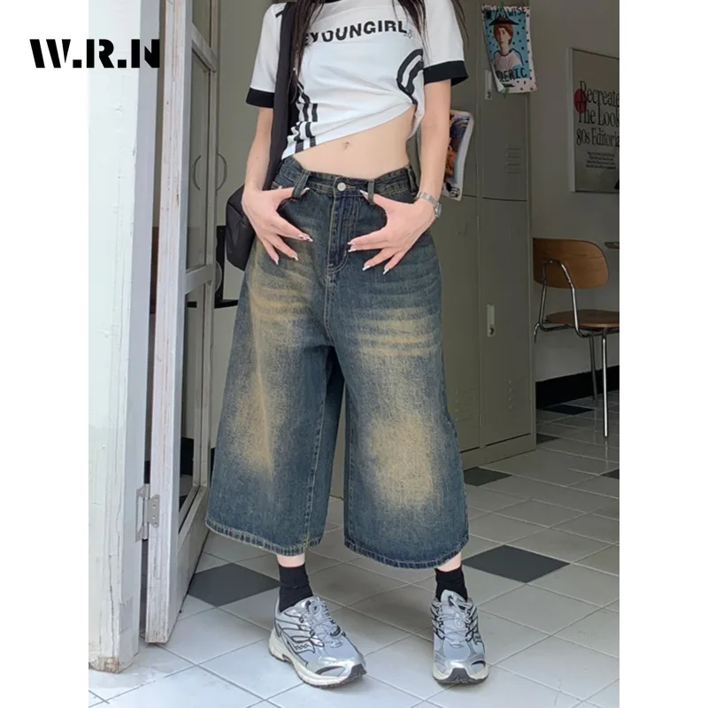 American Vintage High Waist Mid Long Baggy Denim Shorts Women's Casual 2000s Y2K Wide Leg Grunge High Street Style Shorts