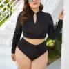 2022 Summer Zipper Stand Collar Long Sleeve Black Bikini Plus Size Women Swimwear Swimsuit Female Bathing Suit Bikini Set