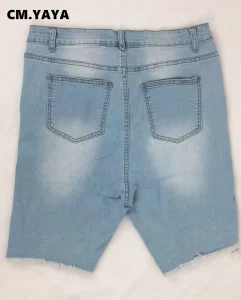 CM.YAYA Plus Size Women Ripped High Waist Knee Length Zipper Fly Jeans 2022 New Summer Sky Blue Denim Shorts - Image 6