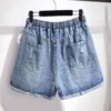 Summer Plus Size Clothing Denim Shorts For Women Large Loose Casual Pocket Belt Cotton Wide Leg Jeans Blue Y2K Street Free Ship - Image 2