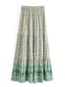 Vintage Chic Fashion Hippie Women Beach Bohemian Green Floral Print Pleasted Skirt Elastic Waist A-Line Boho Maxi Skirts Femme - Image 2