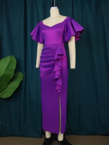 ONTINVA Purple Bodycon Dresses Plus Size Short Ruffles Sleeve High Waist Pleated Sexy Slit Midi Evening Cocktail Party Gowns 4XL - Image 2