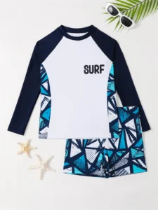 Boy Swimsuit 2024 New Solid And Print Long Sleeve Children Swimwear Summer Kids Beach Wear Shorts Swimming Bathing Suit For Men - Image 5