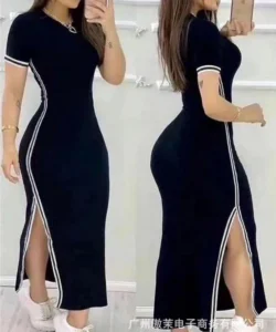 Women Sport Solid Dress Short Sleeved Round Neck Side Split Long Dresses Slim Fit High Waist Casual Ladies 2023 Autumn - Image 4