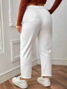 2023 Plus Size White Jeans for Women Straight Fitting Spring Autumn Full Length High Waist Stretchy 100kgs Denim Women Pants - Image 3