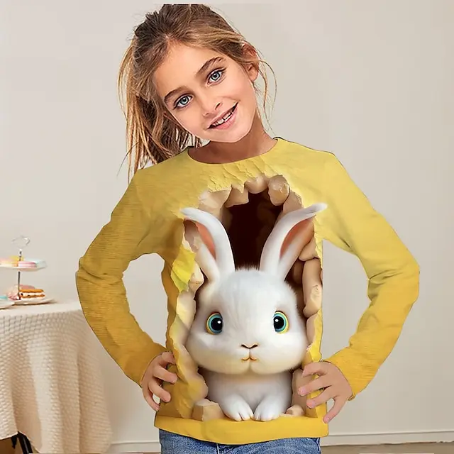 Long Tshirts Cartoon Rabbit Bunny 3D Print Streetwear Boys Girls Casual Fashion kawaii Oversized T Shirt Kids Tees Tops Clothing