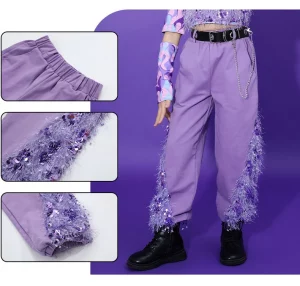 LOlanta Dance Costume for Kids Girl Top Pants Sequins Outfit Hip Hop Jazz Clothing Team Performance Set Purple 4-16 Years - Image 3