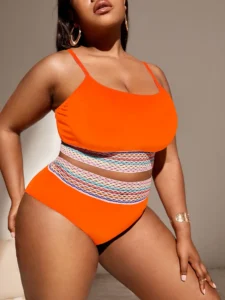 2023 Orange Contrast Trim Swimsuit Women Plus Size Swimwear Female High Waist Bathers Bathing Swimming Suit Summer Beachwear - Image 3