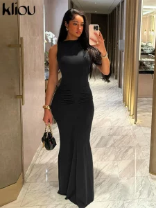 kliou Solid Elegant Maxi Dress Women Classic Simple Sleeveless O-neck Body-shaping Ruched Robe Female 2024 New Party Vestidos - Image 3